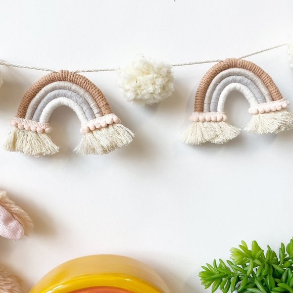 Macrame Rainbow Garland, Pom Pom Rainbow Garland, Yarn Macrame Mini Rainbows - Picture 3 of 5